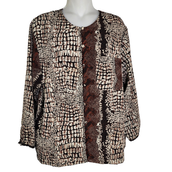 Vtg Jordan Womens Shirt Size 14 Button Brown Snake Skin Print Long Sleeve Retro - Picture 1 of 12